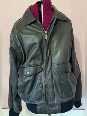Vintage Preston York Black Leather Bomber Flight Jacket Aviator Map Print Lining